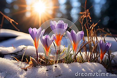 Natures revival First spring crocuses bloom in snowy forest, copy space Stock Photo