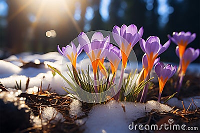 Natures revival First spring crocuses bloom in snowy forest, copy space Stock Photo