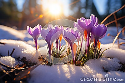 Natures revival First spring crocuses bloom in snowy forest, copy space Stock Photo