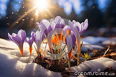 Natures revival First spring crocuses bloom in snowy forest, copy space Stock Photo