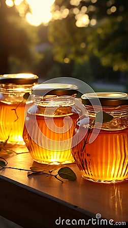 Natures riches showcased on wooden table golden honey jars in open air Stock Photo