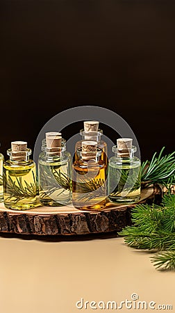 Natures scents Coniferous essential oils in small glass bottles showcased Stock Photo