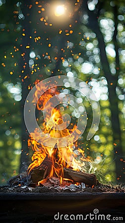 Natures warmth Campfire burning brightly against lush green backdrop Stock Photo