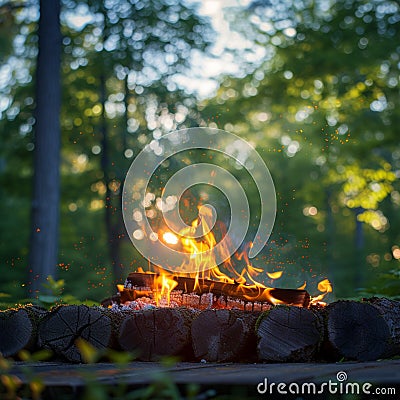 Natures warmth Campfire burning brightly against lush green backdrop Stock Photo