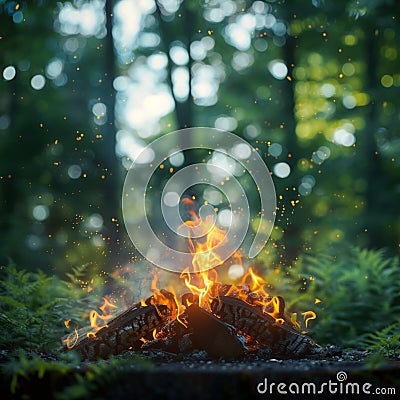 Natures warmth Campfire burning brightly against lush green backdrop Stock Photo