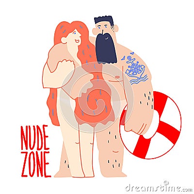 Naturist beach. Nude zone. Resort for nudists community. Couple without swimwear. Naked people relaxing on sea in summer Vector Illustration