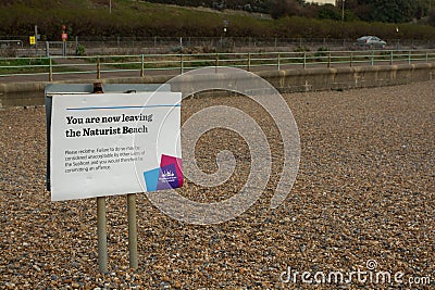 Naturist beach sign at Brighton, Sussex, England Editorial Stock Photo