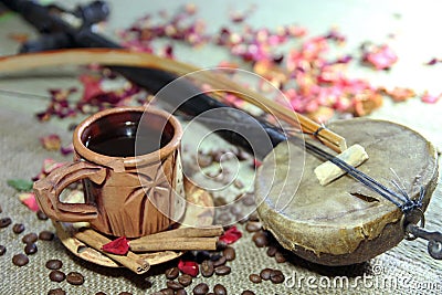Naturmort With Cup of Coffee, Coffee Beans And Musical Instrume Stock Photo