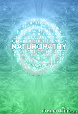 Naturopathy theme wall art blue green word cloud Stock Photo