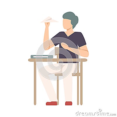 Naughty Boy Sitting At School Desk and Throwing Paper Plane Vector Illustration Vector Illustration