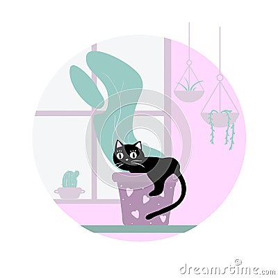 Naughty cat at home. Cat climbs into a plant pot. Disobedient cat. Doodle on white background. Cartoon Illustration
