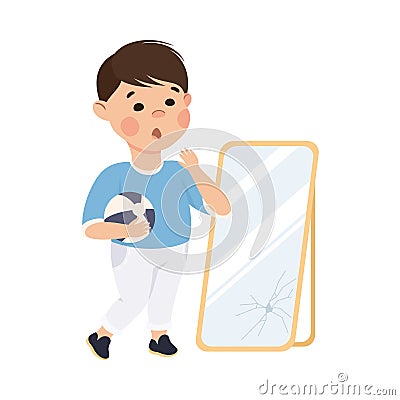 Naughty Child Broken Glass Mirror with Ball Vector Illustration Vector Illustration