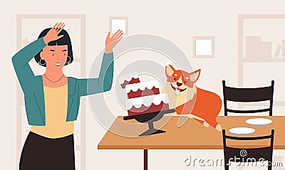 Naughty dog behavior problem, pet owner woman in shock, funny puppy running on table Vector Illustration