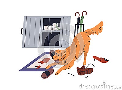 Naughty dog chewing shoes, tearing, damaging things at home. Bad canine behavior. Doggy behaving badly, ripping footwear Vector Illustration