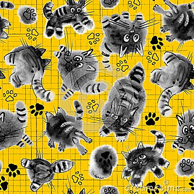 Naughty funny kittens, Seamless pattern for fabric, stationery, notebooks, gray watercolor kittens play on a yellow background Stock Photo