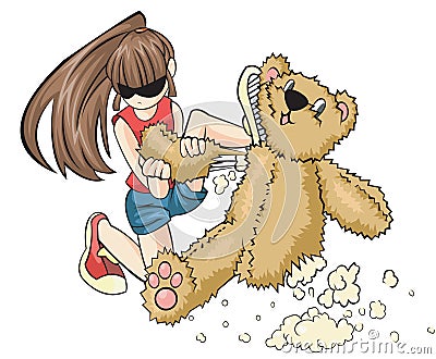 A naughty girl is destroying a teddy bear aggressi Stock Photo