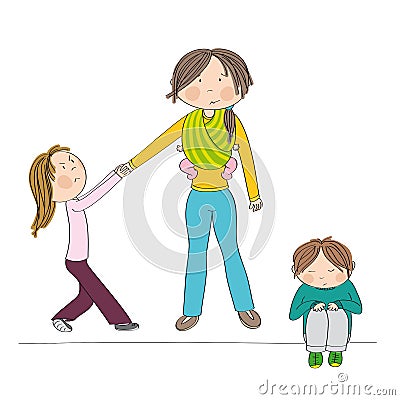 Naughty jealous little girl fighting mother`s attention Vector Illustration