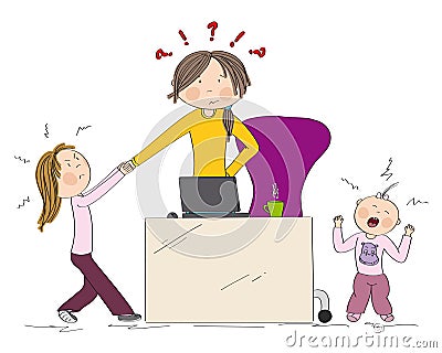 Naughty kids sibling fighting mother`s attention. Vector Illustration