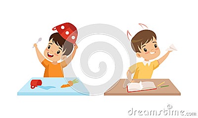 Naughty Little Boy Putting Bowl on His Head and Flying Paper Plane Vector Set Vector Illustration