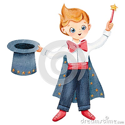 Naughty little magician. Young wizard in tailcoat, with top hat and a magic wand. Performance begins. Watercolor isolated Cartoon Illustration