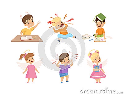 Naughty and Obedient Little Boy and Girl Doing Mischief and with Good Upbringing Vector Set Vector Illustration