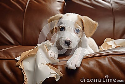 naughty playful puppy dog lying on couch at home Stock Photo