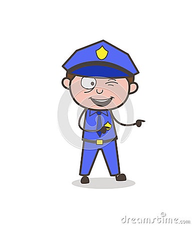 Naughty Young Cop Winking-Eye and Pointing Finger Stock Photo