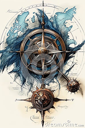 Nautcal compass blueprint, sketch , technical drawing. Exploration and sailing concept. Poster design. Ai Generative Stock Photo