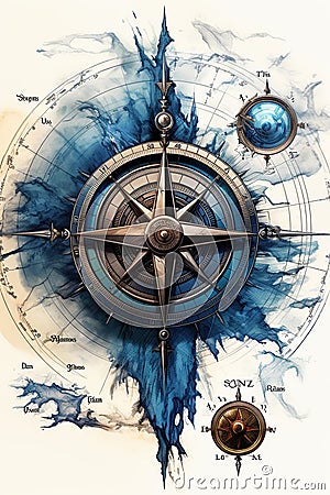 Nautcal compass blueprint, sketch , technical drawing. Exploration and sailing concept. Poster design. Ai Generative Stock Photo