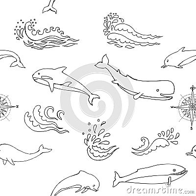 Nautica seamless pattern with sea animals and waves Vector Illustration