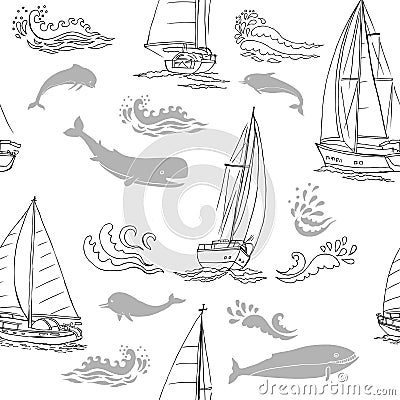 Nautica seamless pattern with ships, yachts, sea animals, dolphin and sea knots. Hand drawn elements for summer holidays Vector Illustration