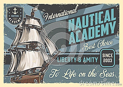 Nautical academy poster vintage colorful Vector Illustration