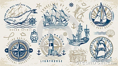 Nautical adventure colorful set emblems Vector Illustration