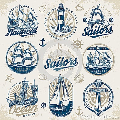 Nautical adventure emblem set colorful Vector Illustration