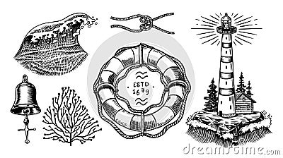 Nautical adventure set. Sea lighthouse, marine ocean waves, beacon and lifebuoy. Hand drawn engraved monochrome vintage Vector Illustration