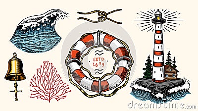 Nautical adventure set. Sea lighthouse, marine ocean waves, beacon and lifebuoy. Hand drawn engraved monochrome vintage Vector Illustration