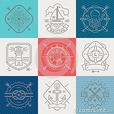 Nautical, adventures and travel emblems signs and label Vector Illustration