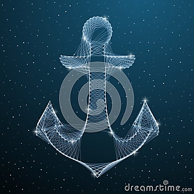 Nautical Anchor low poly digital silhouette with lines and dots on blue dark star sky. Polygonal 3d marine anchor Vector Illustration