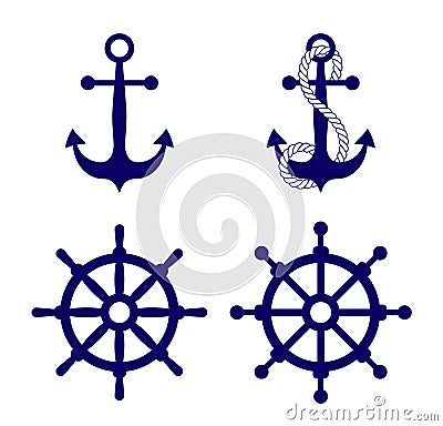 Nautical anchor with rope, ship steering wheel icon. Blue sea helm, captain rudder objects for marine design. Sailor symbol. Vector Illustration