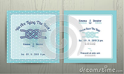 Nautical anchor rope tying the knot wedding card on cyan background Vector Illustration