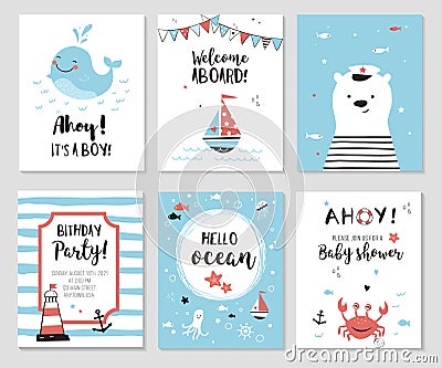 Nautical baby shower cards, marine party invitation s Vector Illustration