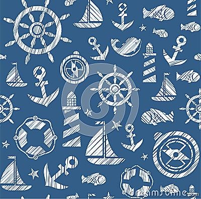 Nautical background, seamless, dark blue, vector. Vector Illustration