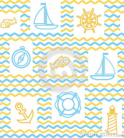 Nautical background, seamless, wave, zigzag, contour drawing, yellow and white. Vector Illustration