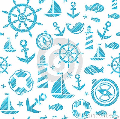 Nautical background, seamless, white-blue, vector. Vector Illustration