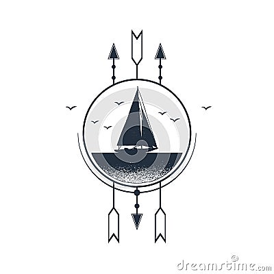 Nautical badge with hand drawn vector illustration. Vector Illustration