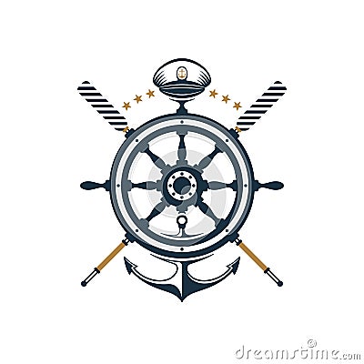 Nautical badge; ship wheel, anchor, oar, captains hat icons Vector Illustration
