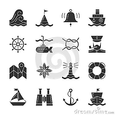 Nautical black silhouette icon set Vector Illustration