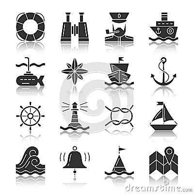 Nautical black silhouette with reflection icon set Vector Illustration