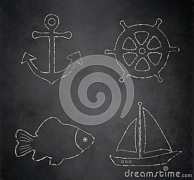 Nautical chalk icons on black chalkboard, anchor, carp fish, rudder, sailboat Vector Illustration