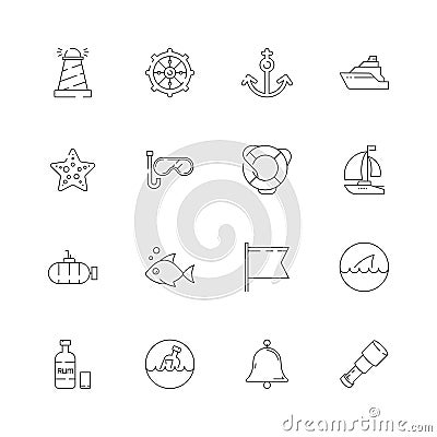 Nautical collection. Marine ocean sea shipping sailing symbols adventure captain cap boat wheel fish vector thin line Vector Illustration